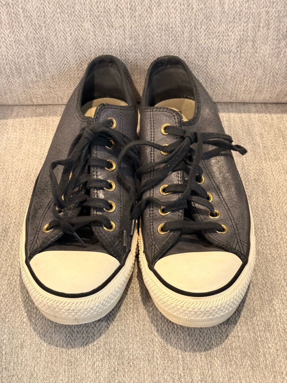 Converse Gray Black Faux Leather Low-Top Sneakers with Gold Eyelets